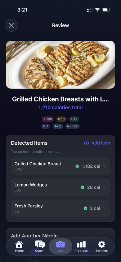 Nibble AI diet tracker showing daily nutrition dashboard